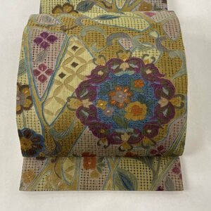 袋帯 美品 逸品 草花 汕頭刺繍 茶緑色 全通 正絹 【中古】