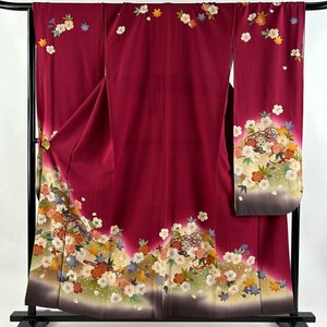 振袖 身丈158cm 裄丈68cm L 袷 鼓 桜 金糸 金彩 えんじ色 正絹 名品 【中古】