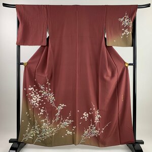 付下げ 身丈162cm 裄丈67.5cm L 袷 岡山武子 落款 枝花 桜 金彩 ぼかし 赤茶 正絹 秀品 【中古】