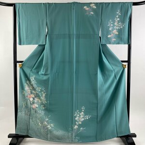 訪問着 身丈164cm 裄丈66cm M 袷 草花 波 薄緑 正絹 秀品 一つ紋 【中古】