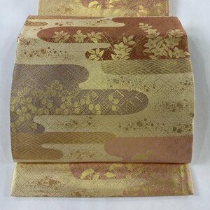 袋帯 美品 秀品 ヱ霞 草花 箔 金色 六通 正絹 【中古】