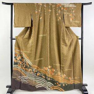 訪問着 身丈163.5cm 裄丈63cm S 袷 菊 波 金彩 染め分け 山吹茶色 正絹 秀品 【中古】