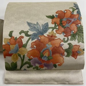 名古屋帯 優品 草花 刺繍 箔 銀色 正絹 【中古】