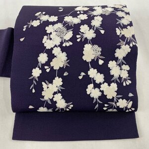 名古屋帯 美品 逸品 落款 洛楽人 桜 縮緬 紫 正絹 【中古】