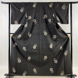 紬 身丈162cm 裄丈62cm S 袷 ますいわ屋 花 墨色 正絹 逸品 【中古】