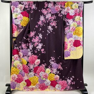 振袖 身丈168cm 裄丈69cm L 袷 牡丹 桜 銀通し 箔 紫 正絹 美品 逸品 【中古】