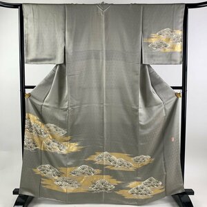 訪問着 身丈167.5cm 裄丈64cm M 袷 藤井寛 落款 松 霞 金糸 金彩 灰色 正絹 美品 逸品 一つ紋 【中古】