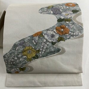 名古屋帯 美品 秀品 草花 流水 灰白 正絹 【中古】