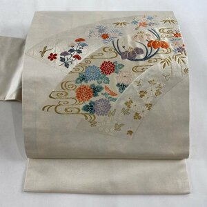 名古屋帯 優品 草花 観世流水 金糸 刺繍 クリーム 正絹 【中古】