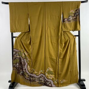 訪問着 身丈167cm 裄丈69.5cm 未仕立て 仮絵羽 扇面 枝花 刺繍 金銀彩 黄土色 正絹 美品 名品 【中古】