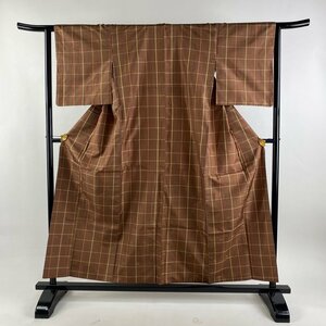 紬 身丈155cm 裄丈63cm S 袷 格子 燕 小豆色 正絹 美品 秀品 【中古】