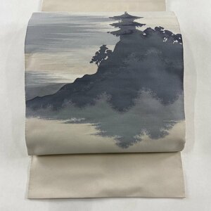 名古屋帯 優品 松葉仕立て 八寸名古屋帯 建物 霞 ベージュ 正絹 【中古】