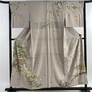 訪問着 身丈154cm 裄丈65.5cm M 袷 笠松 菊 金彩 金糸 ベージュ 正絹 名品 【中古】