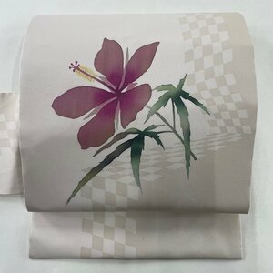 名古屋帯 美品 秀品 落款 草花 市松 灰茶 正絹 【中古】