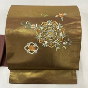 名古屋帯 美品 秀品 華文 草花 金銀糸 刺繍 金色 正絹 【中古】