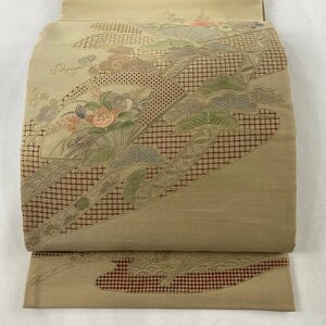 袋帯 美品 名品 扇 笠松 刺繍 汕頭刺繍 ベージュ お太鼓柄 正絹 【中古】