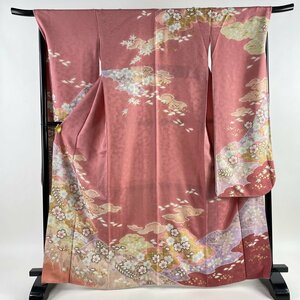  long-sleeved kimono length 166cm sleeve length 68.5cm L. Kirakira Sakura . writing silver through . gold paint pink silk excellent article [ used ]