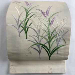 開き名古屋帯 優品 草花 刺繍 銀彩 薄黄 正絹 【中古】