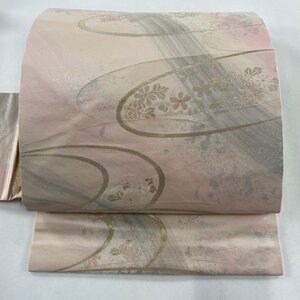 名古屋帯 美品 優品 流水 花 箔 銀彩 薄ピンク 正絹 【中古】