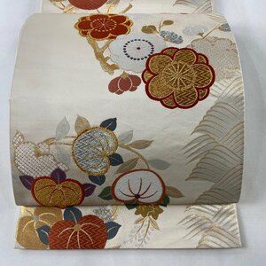 袋帯 美品 秀品 梅 橘 金銀糸 箔 ベージュ 六通 正絹 【中古】