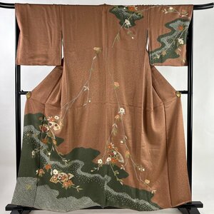 訪問着 身丈157cm 裄丈66.5cm M 袷 扇面 草花 絞り 金彩 赤茶 正絹 秀品 一つ紋 【中古】