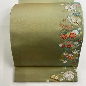 袋帯 美品 名品 落款 じゅらく 源氏花飾文 金糸 箔 抹茶色 お太鼓柄 正絹 【中古】