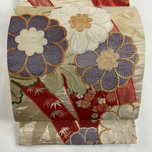 袋帯 美品 秀品 草花 金銀糸 唐織 ベージュ 六通 正絹 【中古】