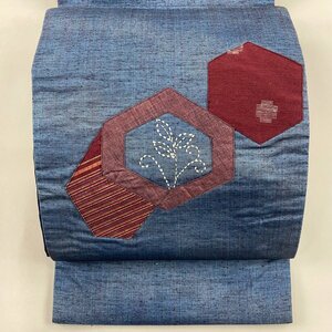 袋名古屋帯 秀品 紬地 亀甲 草花 刺繍つむ 藍色 正絹 【中古】