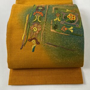 袋帯 美品 秀品 草花 幾何学 刺繍 金糸 緑 お太鼓柄 正絹 【中古】