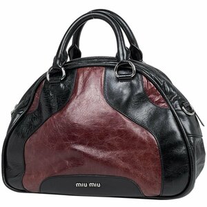 ミュウ ミュウ Miu Miu ロゴ ハンドバッグ 2WAY ショルダーバッグ ボストンバッグ レザー レッド ブラック レディース 【中古】