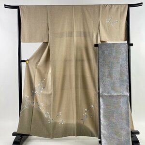 付下げ 身丈160cm 裄丈64.5cm M 袷 袋帯セット 枝花 ぼかし 薄茶色 正絹 美品 秀品 【中古】