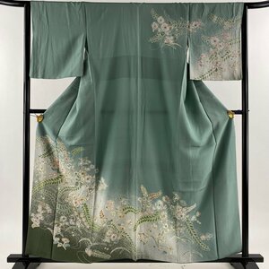 訪問着 身丈157cm 裄丈63cm S 袷 辻ヶ花柄 流水 金彩 ラメ 灰緑 正絹 名品 【中古】