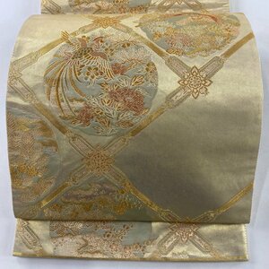 袋帯 美品 名品 証紙 となみ帯 格天井 花喰い鳥 金糸 箔 金色 六通 正絹 【中古】