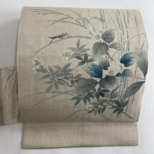 名古屋帯 美品 秀品 紬地 草花 虫 薄茶色 正絹 【中古】