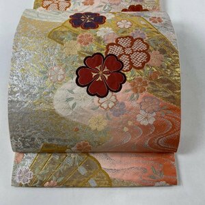 袋帯 美品 秀品 桜 桧扇 箔 銀糸 金色 六通 正絹 【中古】