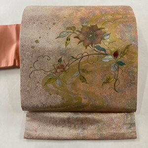 名古屋帯 美品 優品 枝花 流水 金銀彩 サーモンピンク 正絹 【中古】