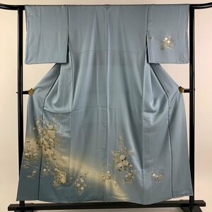 付下げ 身丈155.5cm 裄丈63cm S 袷 貝桶 草花 金銀彩 ぼかし 青灰色 正絹 秀品 【中古】