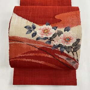 名古屋帯 美品 秀品 紬地 松葉仕立て八寸名古屋帯 枝花 霞 朱色 正絹 【中古】