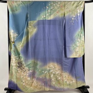 振袖 身丈160cm 裄丈67cm M 袷 やまと 御所車 桜 金彩 箔 水色 正絹 名品 【中古】