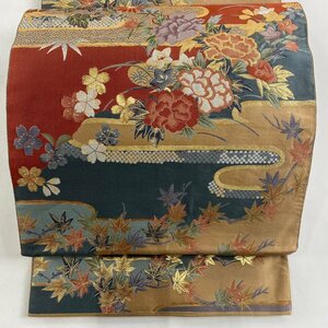 袋帯 秀品 ヱ霞 草花 箔 茶色 六通 正絹 【中古】