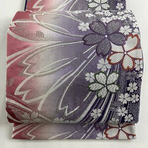 袋帯 美品 秀品 桜 花びら 銀糸 紫 六通 正絹 【中古】