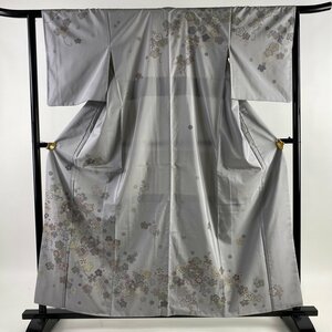 訪問着 身丈159.5cm 裄丈63cm S 袷 紬地 雪輪 草花 灰色 正絹 秀品 【中古】