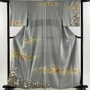 訪問着 身丈161cm 裄丈63cm S 袷 花丸文 菊 刺繍 菊 青灰色 正絹 秀品 【中古】