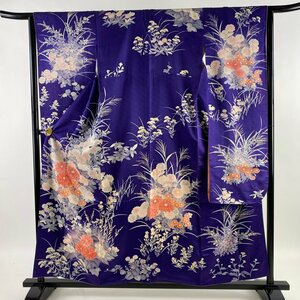  long-sleeved kimono length 156cm sleeve length 64.5cm M.. flower ground . bokashi purple silk preeminence goods [ used ]