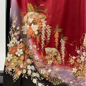 振袖 身丈169cm 裄丈69.5cm L 袷 牡丹 扇 金通し 金彩 赤 正絹 美品 名品 【中古】の画像2