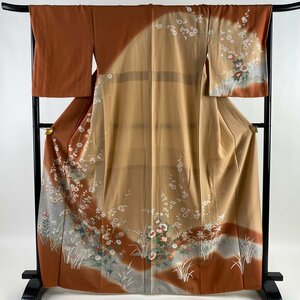 訪問着 身丈167cm 裄丈68cm M 袷 御所車 枝梅 金銀彩 金糸 赤茶 正絹 美品 秀品 【中古】