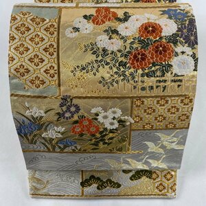 袋帯 美品 秀品 菊 松 金糸 箔 銀色 六通 正絹 【中古】