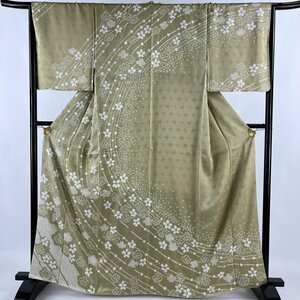 訪問着 身丈165cm 裄丈65cm M 袷 梅 絞り 抹茶色 正絹 美品 秀品 【中古】