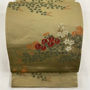 袋名古屋帯 優品 菊 萩 金糸 箔 茶緑色 化繊 【中古】