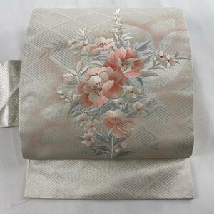 名古屋帯 美品 優品 草花 波 銀糸 刺繍 銀色 正絹 【中古】